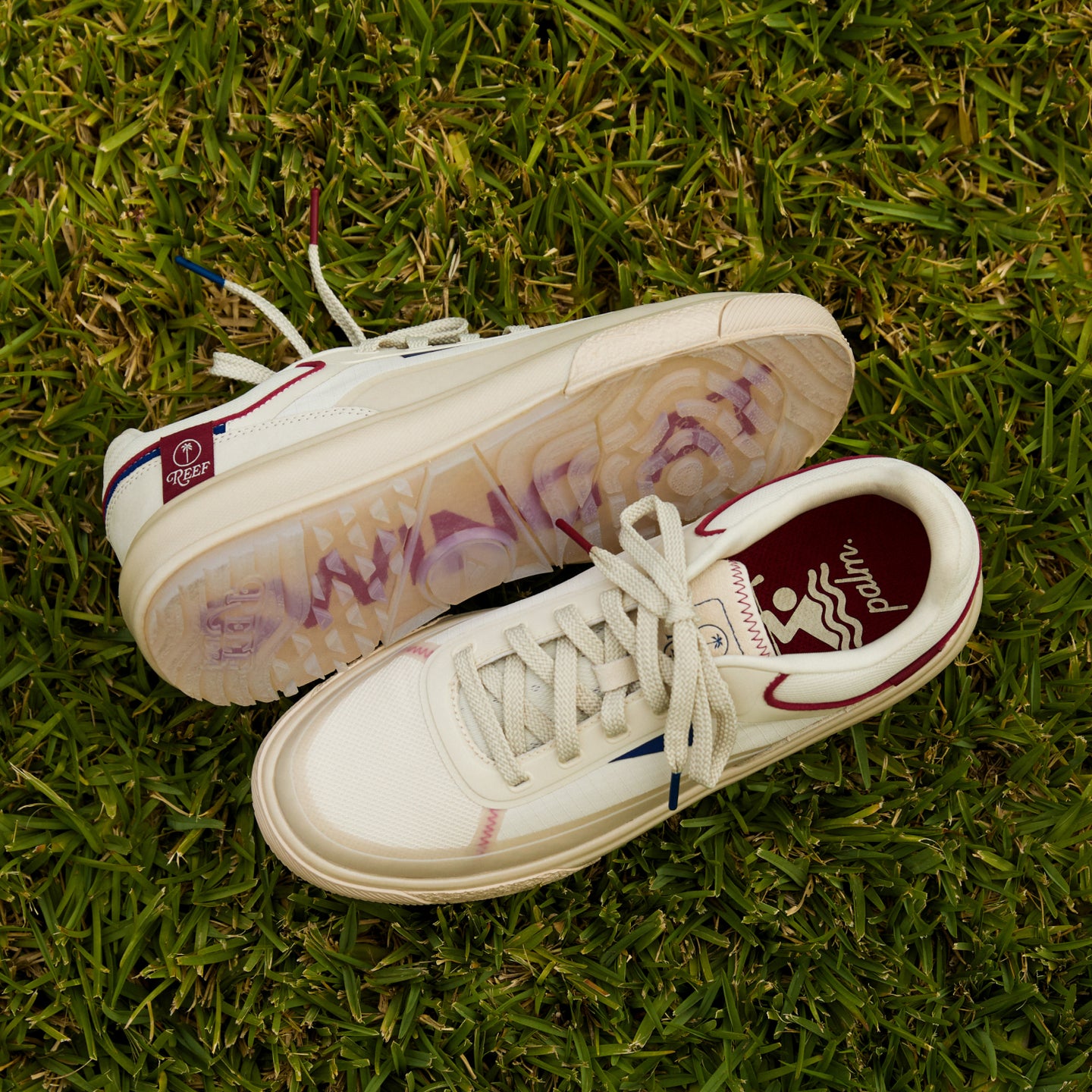 Palm X G-Papi cream sneakers facing opposite directions on grass with cushioned comfort