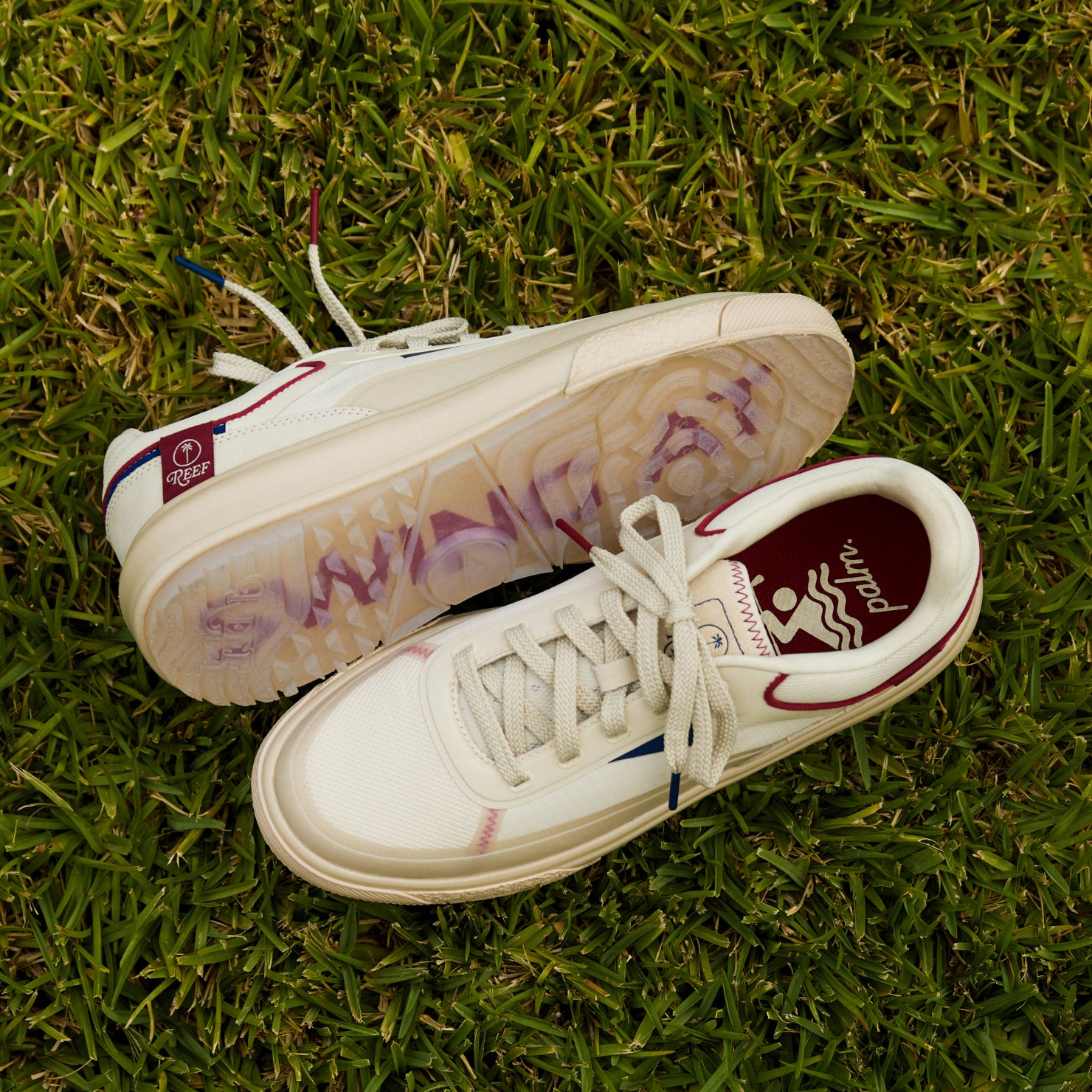 Palm X G-Papi cream sneakers facing opposite directions on grass with cushioned comfort