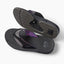 Fanning REEF black flip flops, one facing left with outsole visible and one facing right with footbed visible