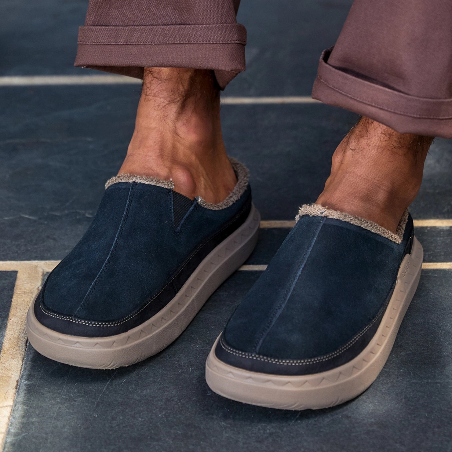 Rambler Mule close up showing the front of both mules facing forward with plush lining and cushioned soles