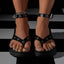 Vista Luxe Sierra black sandals facing forward, close up of ankle straps, front straps, and cushioned footbeds