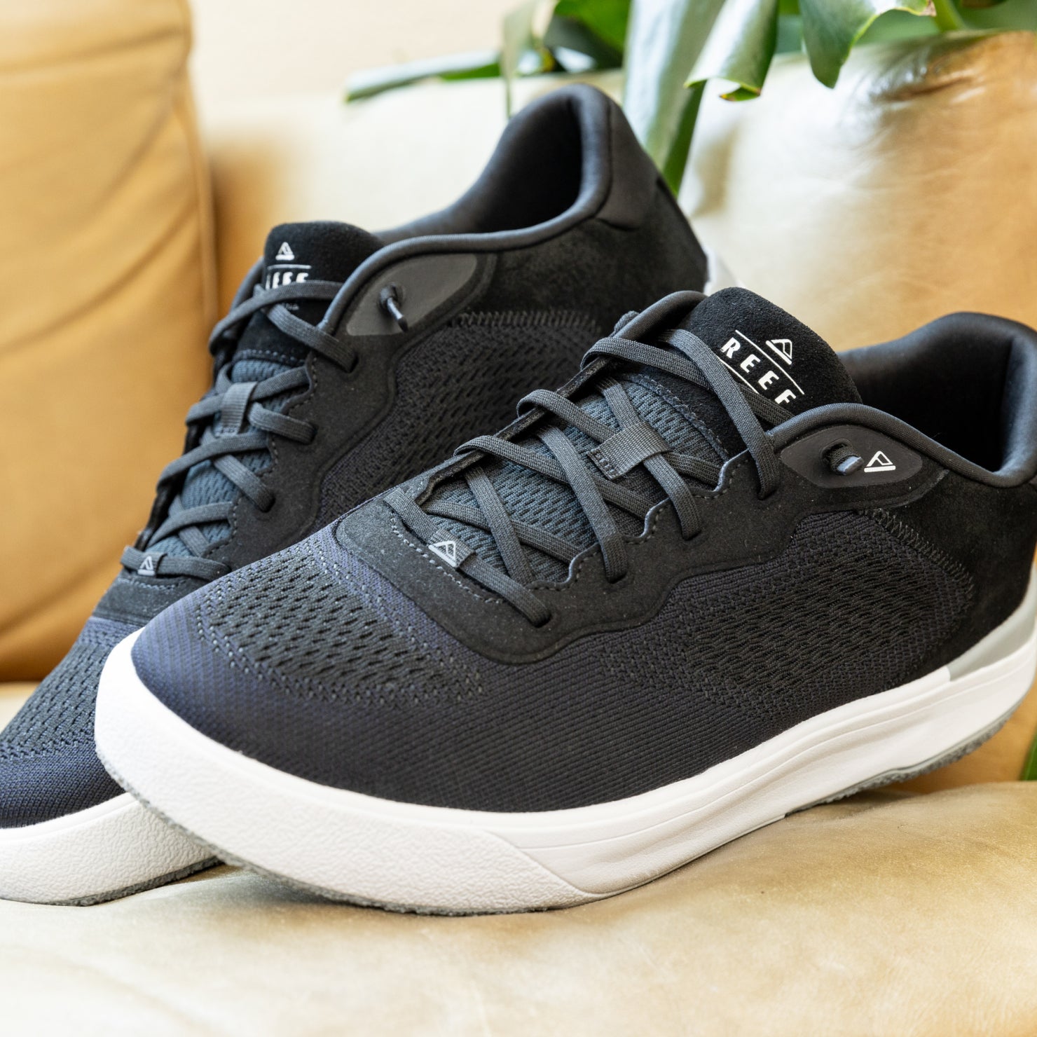 Pair of black Shoreline Del Mar sneakers facing right, showcasing breathable upper and cushioned sole, highlighting comfort and style.