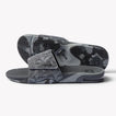 Pair of gray camo Fanning Slide sandals facing right showing top and sole, featuring arch support and bottle-opener style