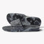 Pair of gray camo Fanning Slide sandals facing right showing top and sole, featuring arch support and bottle-opener style