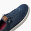 Laguna navy sneaker facing upper right, close up of breathable mesh upper, laces, and cushioned footbed