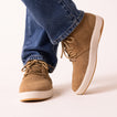 Del Mar Desert brown leather and suede shoes facing forward with one shoe shown in side profile