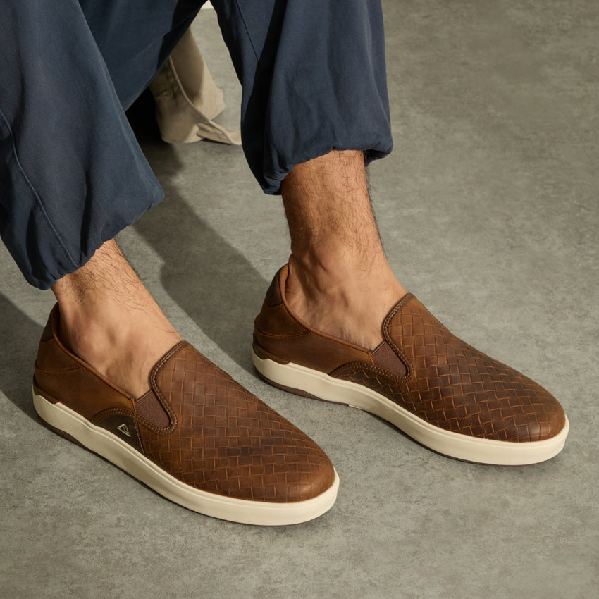 Laguna Slip On brown woven leather shoes facing forward with cushioned soles and relaxed everyday comfort