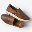 Laguna Slip On brown leather slip on shoes facing right and left with woven uppers and cushioned footbeds