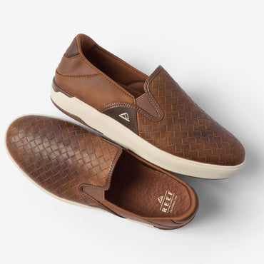 Laguna Slip On brown leather slip on shoes facing right and left with woven uppers and cushioned footbeds