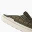 Close-up side view of olive green footwear facing left, with a padded upper and textured cream sole