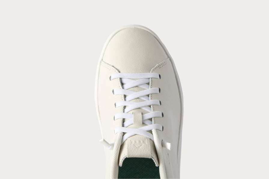 Top-down view of a white sneaker facing upward, with white laces and a padded tongue