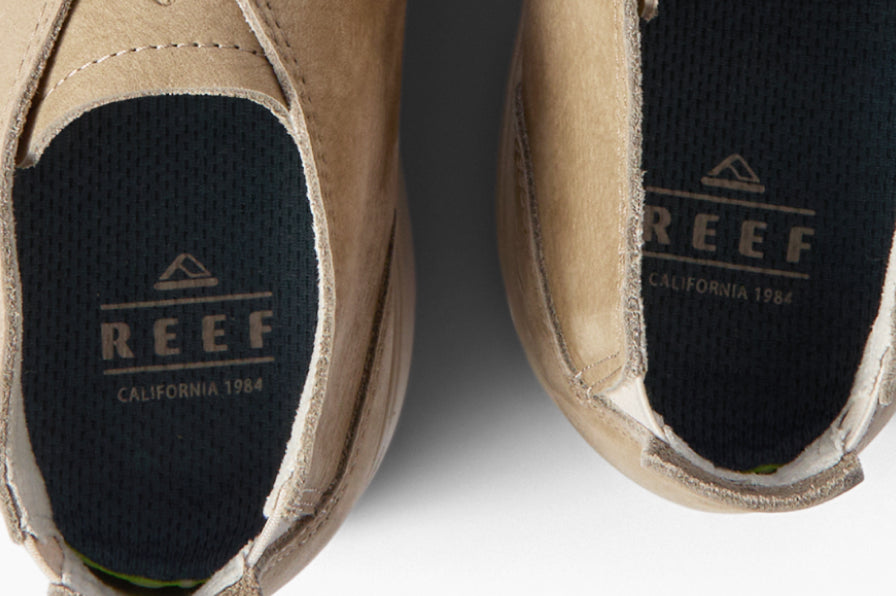 Close-up top view of tan shoes with toes pointing upward and black REEF branded insoles visible