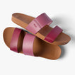 Pair of Cushion Vista women's sandals in burgundy shades, top view showing footbed and strap detail facing right.