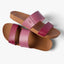 Pair of Cushion Vista women's sandals in burgundy shades, top view showing footbed and strap detail facing right.