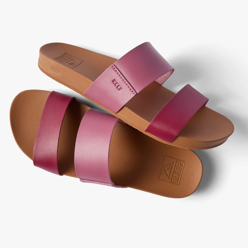 Pair of Cushion Vista women's sandals in burgundy shades, top view showing footbed and strap detail facing right.