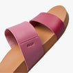 Close-up of Cushion Vista sandal facing left, featuring dual pink straps, arch support, and soft cushioning for beach comfort.