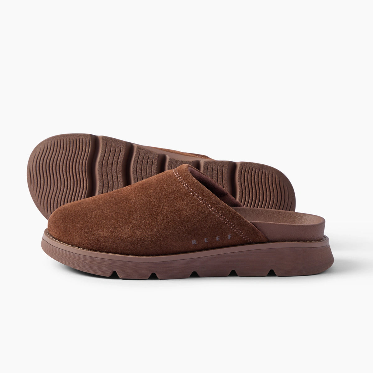 Vista Luxe Mariana brown suede clog facing left with a closed toe and durable outsole
