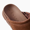 Vista Luxe Mariana brown suede clog close up of cushioned footbed and heel facing upper left