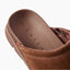 Vista Luxe Mariana brown suede clog close up of cushioned footbed and heel facing upper left