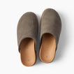 Vista Luxe Mariana gray suede clogs viewed from above with toes facing upward and cushioned footbeds
