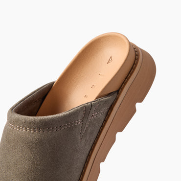 Vista Luxe Mariana grey suede clog facing left, close-up of the cushioned footbed and textured outsole