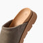 Vista Luxe Mariana grey suede clog facing left, close-up of the cushioned footbed and textured outsole