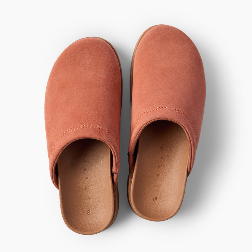 Vista Luxe Mariana suede clogs viewed from above, toes facing upward, showcasing closed toes and cushioned footbeds