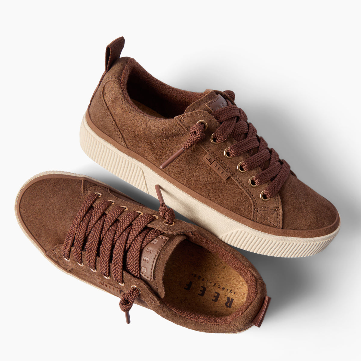 Lay Day Dawn brown sneakers facing upper right and lower left with cushioned arch support and hidden wedge insoles