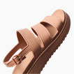 Vista Marbella three strap sandal facing upper right with cushioned footbed and adjustable buckle close up