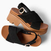 Vista Luxe Ava black suede sandals with crossover straps and buckles one facing right and one facing left with arch support