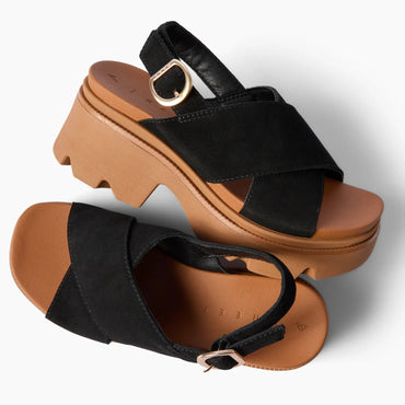 Vista Luxe Ava black suede sandals with crossover straps and buckles one facing right and one facing left with arch support