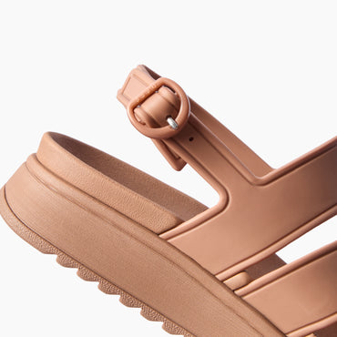 Vista Marbella tan sandal facing right close up showing adjustable buckle straps cushioned footbed and supportive sole