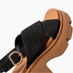 Vista Luxe Ava black suede sandal facing upper right, close-up of crossover straps, buckle, and cushioned footbed