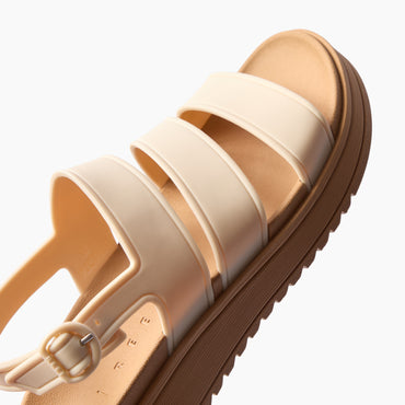 Vista Marbella three strap sandal angled with toe facing upper right showing cushioned footbed and molded sole