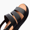 Vista Marbella black three strap sandal with toe facing upper right close up of cushioned footbed and arch support