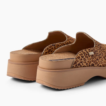 Vista Skye platform clogs in leopard print, rear three-quarter view facing away, showing open heels and cushioned footbeds