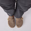 Top-down view of Vista Siena slip-on clogs in driftwood suede with buckle detail, showcasing roomy silhouette and cushioned comfort