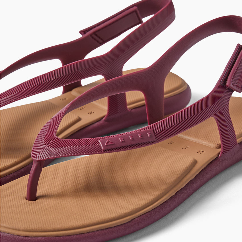 Close-up of Water Willow Maya women's sandals facing right, with adjustable strap and cushioned footbed in cordovan color.