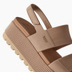 Close-up of the right-facing heel and straps of the warm taupe Water Vista Higher sandal with arch support and cushioning.
