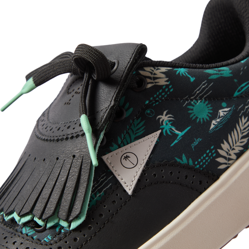 Close-up of the right Onshore Pebble X Palm shoe front with surf-inspired print, soft cushioning, and arch support
