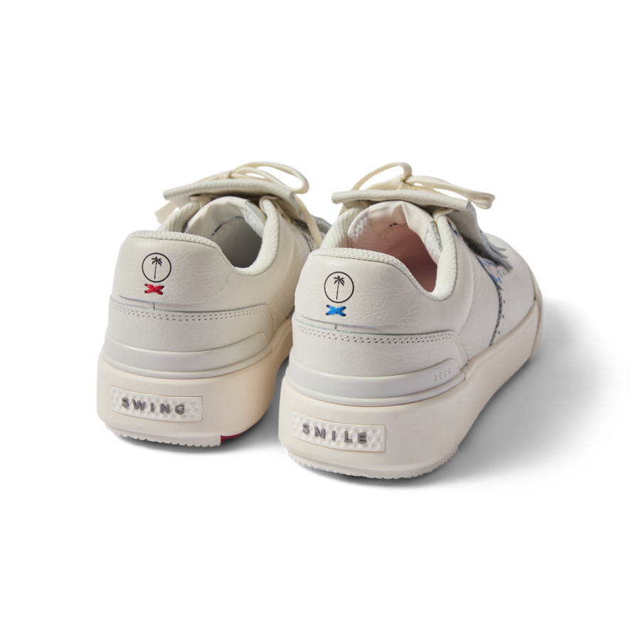 Onshore Pebble X Palm men's white sneakers facing backward, showing heel with comfort-focused, water-friendly design.