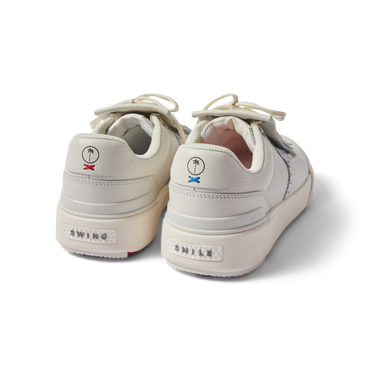 Onshore Pebble X Palm men's white sneakers facing backward, showing heel with comfort-focused, water-friendly design.