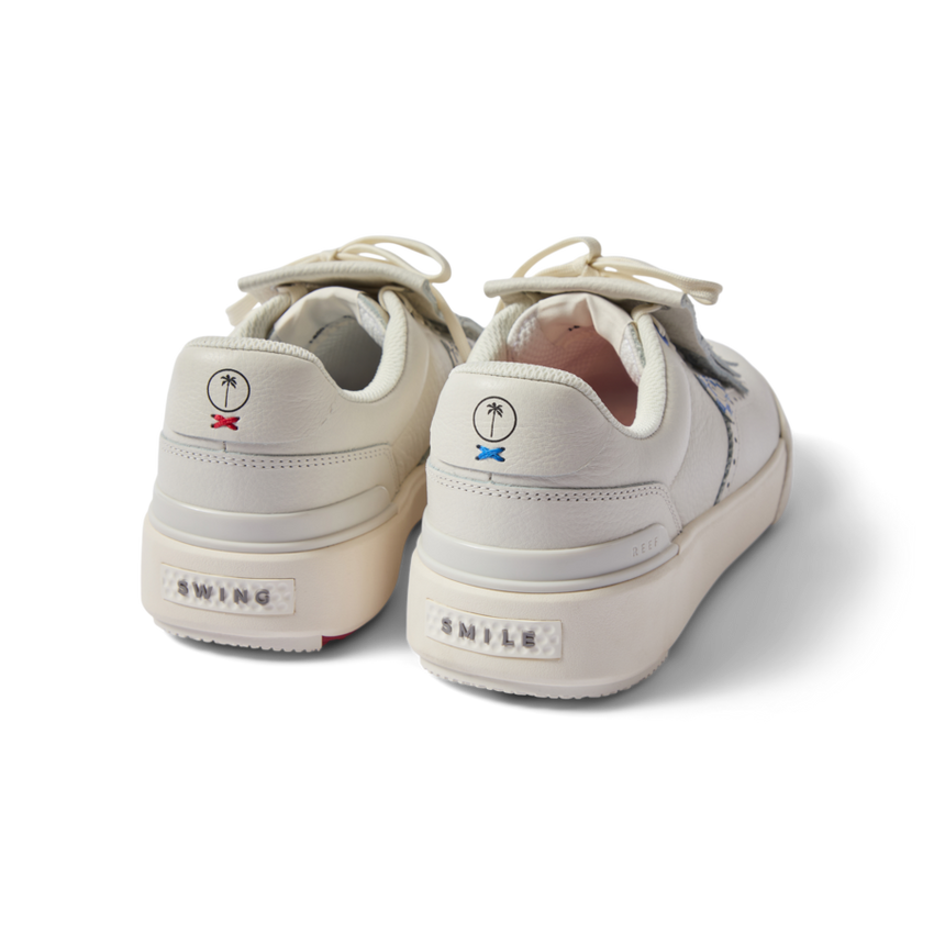 Onshore Pebble X Palm men's white sneakers facing backward, showing heel with comfort-focused, water-friendly design.