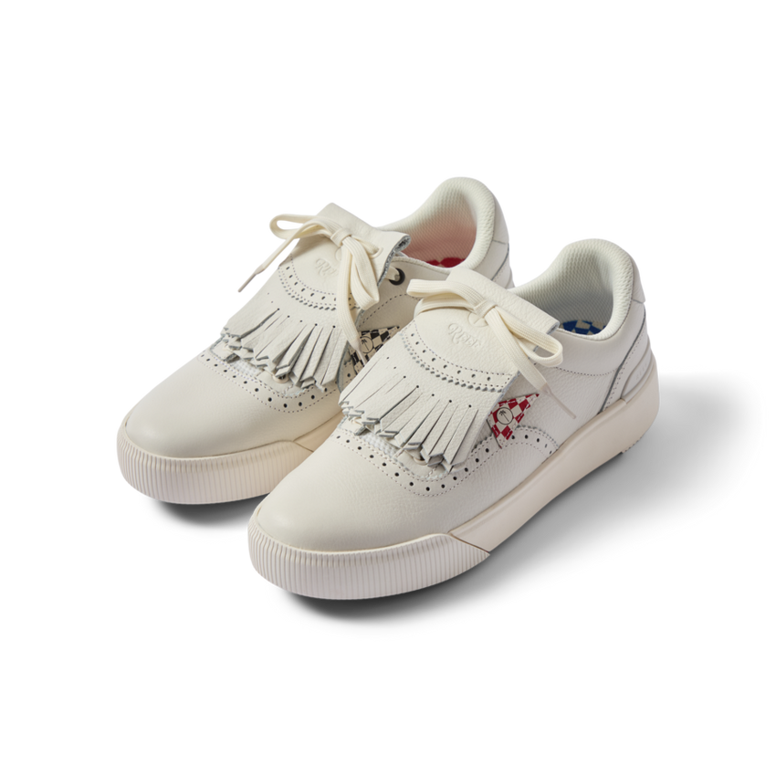 Pair of Onshore Pebble X Palm shoes facing forward right, showing soft-rebound cushioned upper with fringe and palm print accents.