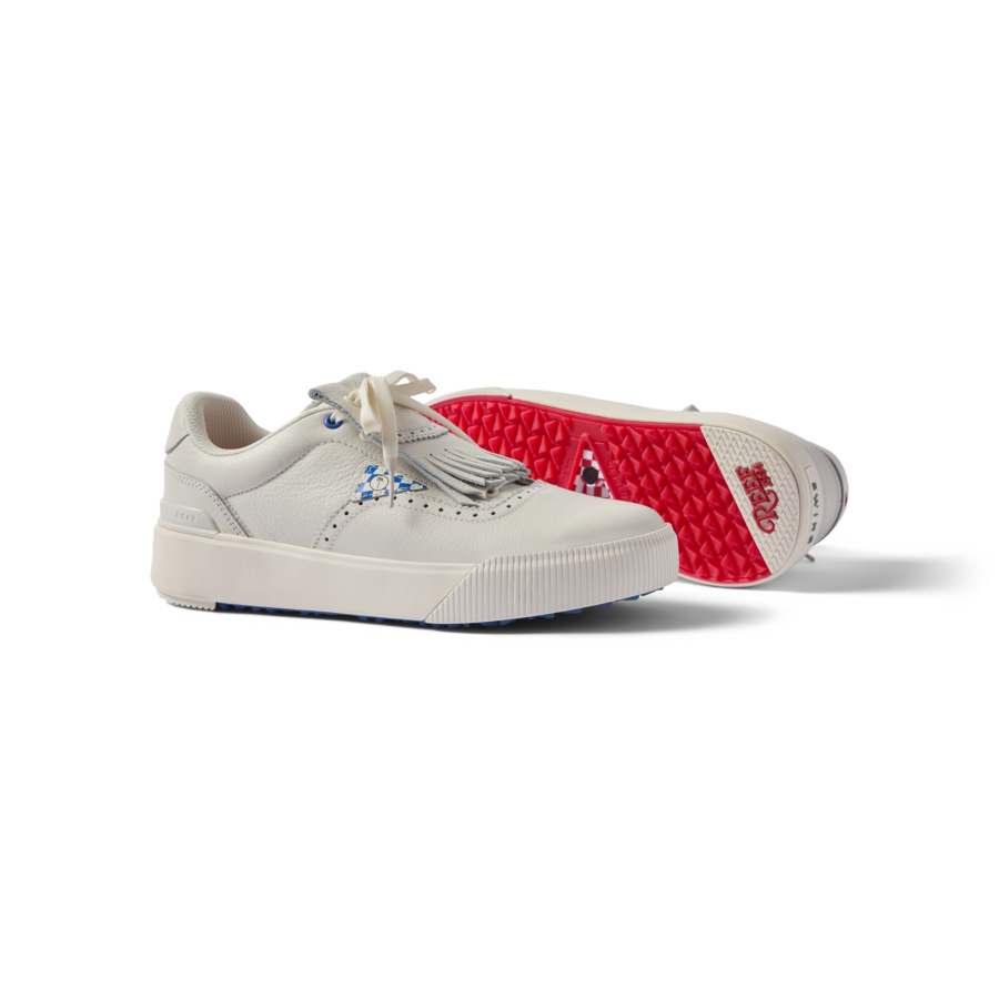 Onshore Pebble X Palm men's white sneaker facing left with red sole, showcasing comfort and surf-inspired design.