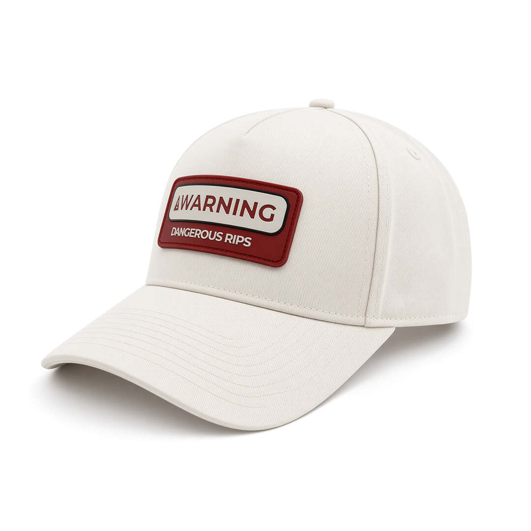 REEF x Palm Dangerous Rips Snapback white snapback hat facing left with warning patch