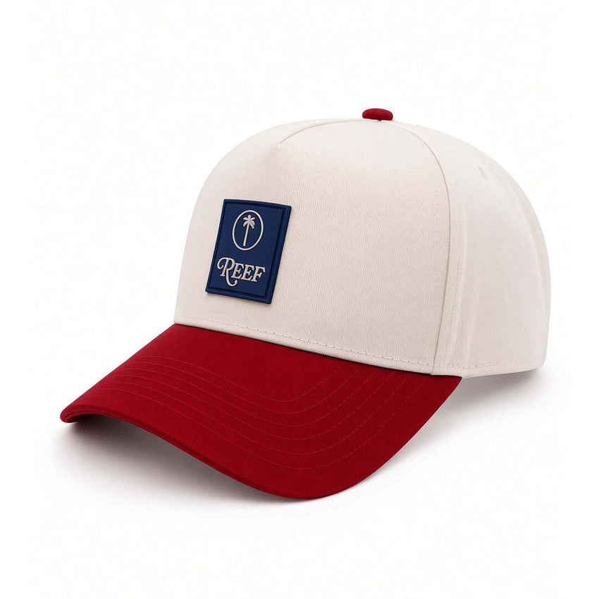 REEF x Palm Snapback cream and red cap with front REEF logo patch and curved brim facing left