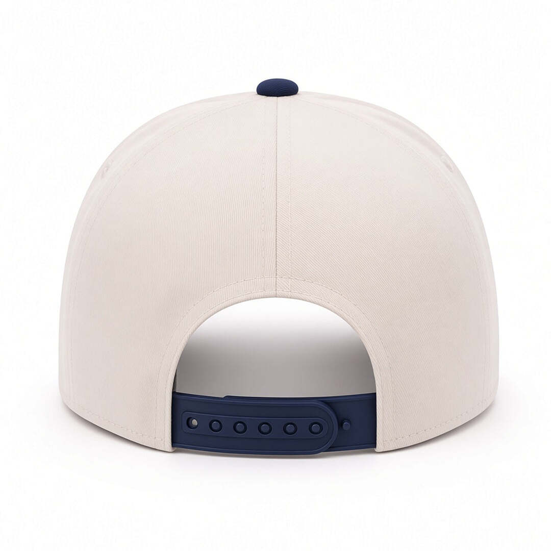 REEF x Palm Snapback hat viewed from the back, showing adjustable navy snap closure and cream crown