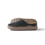 Rambler Mule facing left, showing side profile of black suede men’s slipper with tan cushioned sole and soft lining.