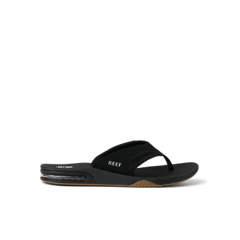 Black REEF flip flop facing right with cushioned footbed and arch support